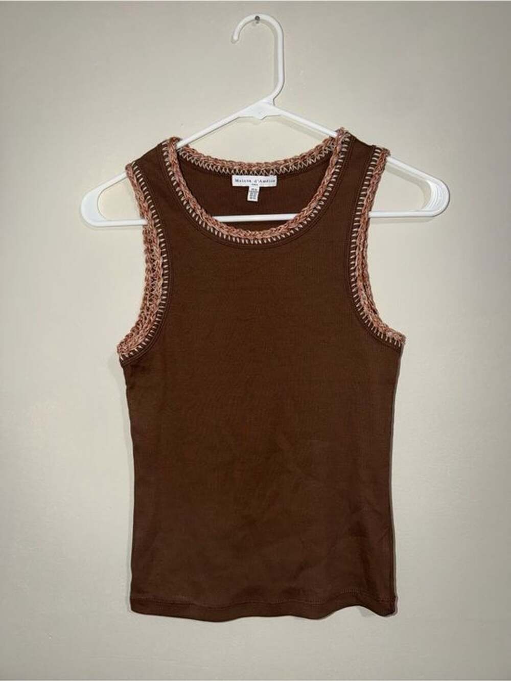 Maison d’Amélie Paris XS Brown Knit Tank Top Crochet Trim Boho